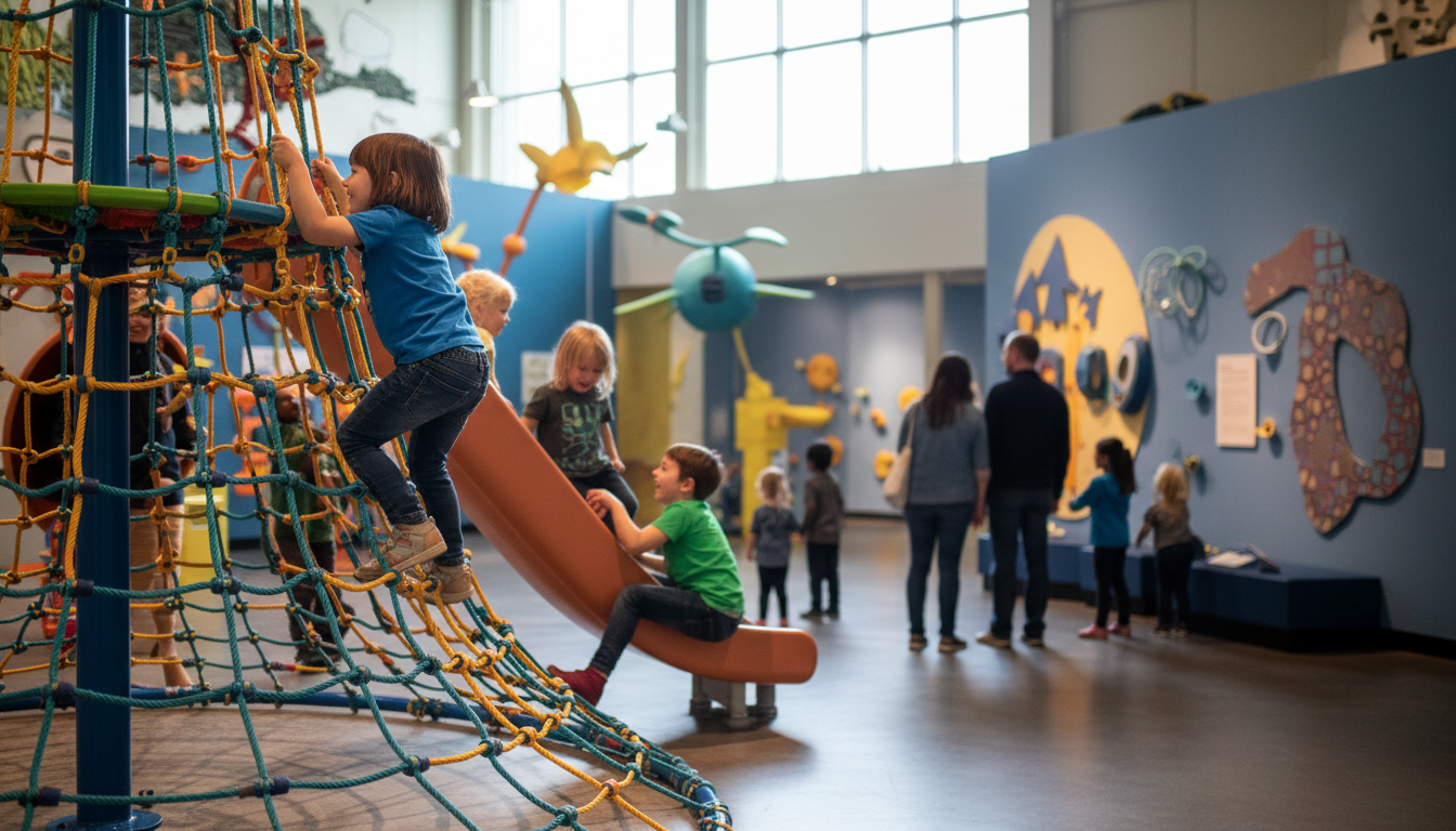 Kids climbing the rigging at Chicago Childrens Museumbright colors, engaged children, museum setting