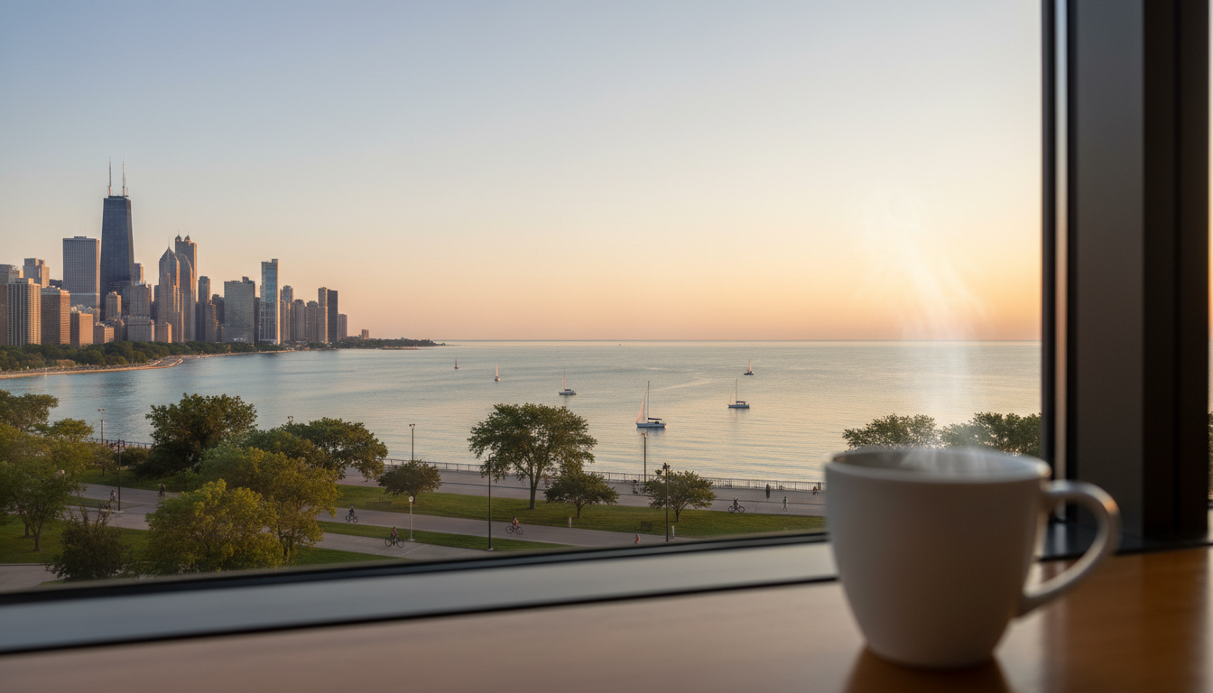 Early morning view of Chicagos lakefront from a high-rise apartment window, coffee cup on windowsill