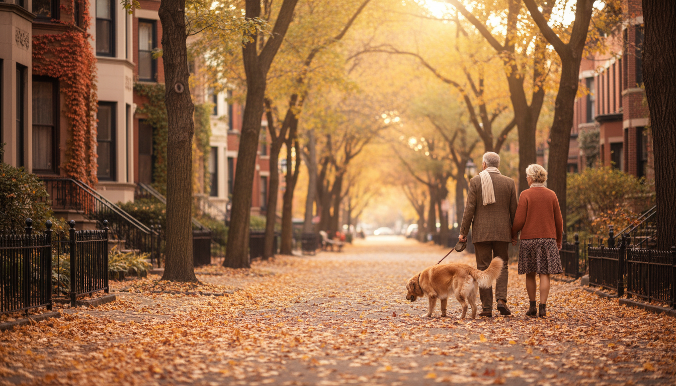 Tree-lined residential street in Lincoln Park during autumn, vintage brownstone buildings with bay w