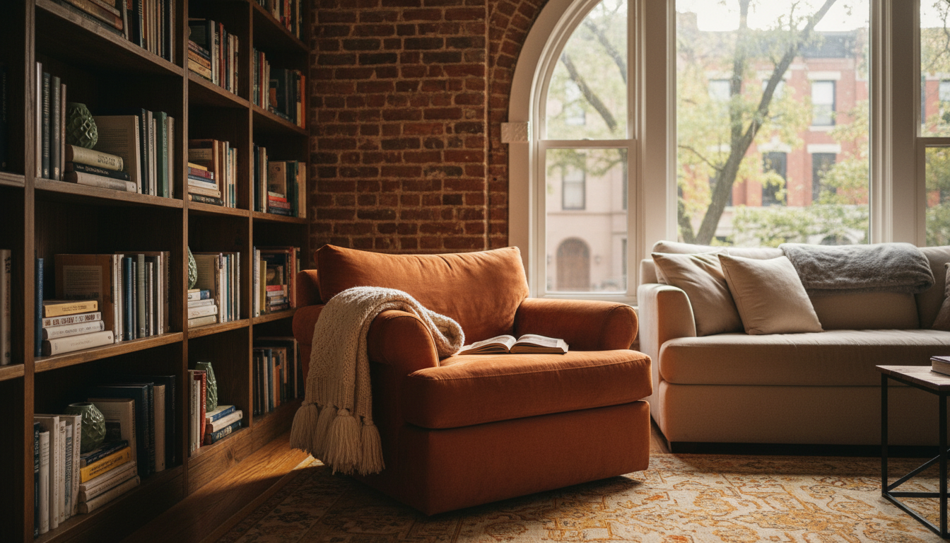 Cozy Chicago apartment living room with exposed brick wall, comfortable reading chair by window over