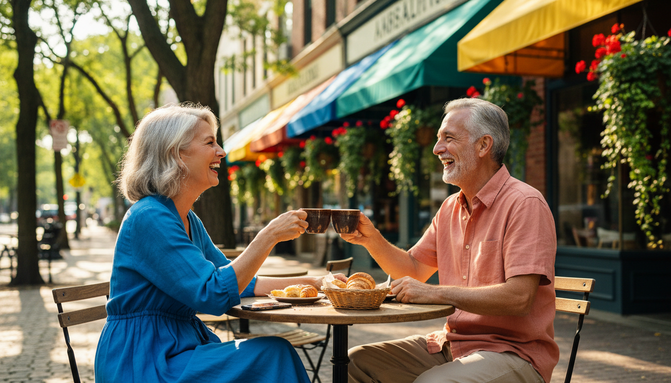 Retired couple sitting at outdoor cafe table in Andersonville, laughing over coffee and pastries, co