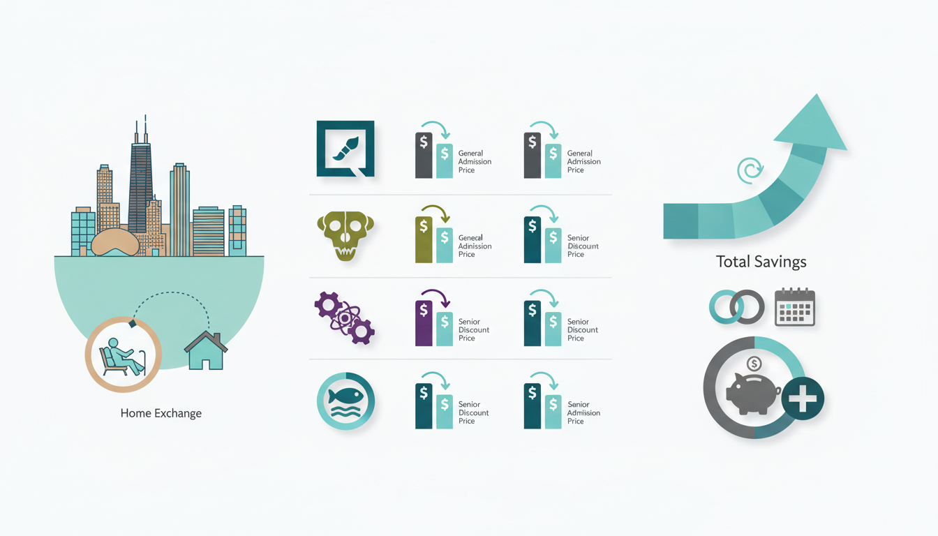 Infographic showing Chicago senior discounts at major attractions - Art Institute, Field Museum, Mus