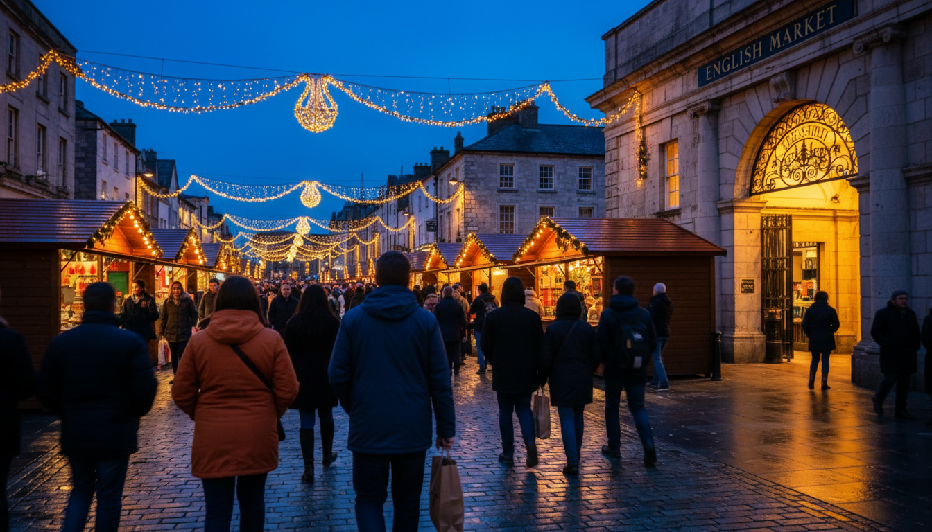 Corks Grand Parade at dusk with Christmas lights overhead, market stalls glowing warmly, crowds of p