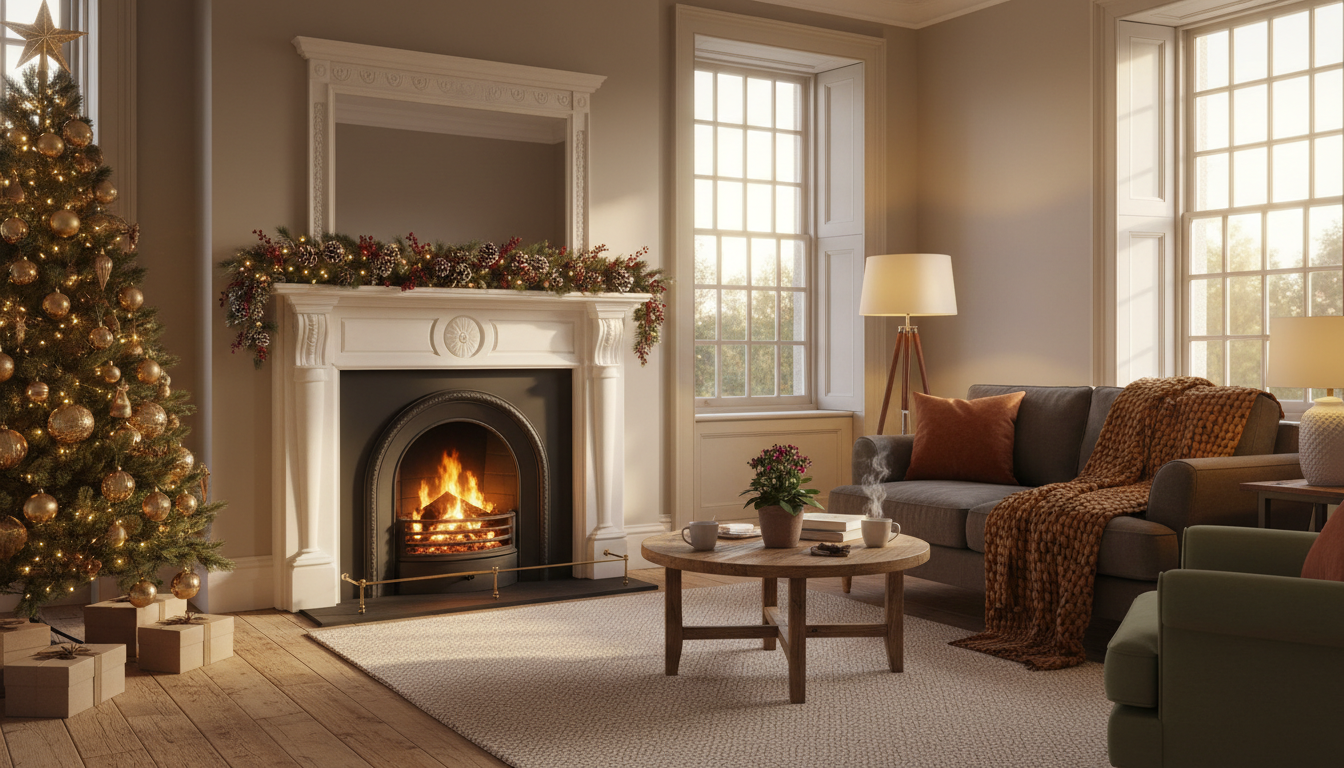 Interior of a cozy Cork terrace house living room with a lit fireplace, Christmas tree in the corner