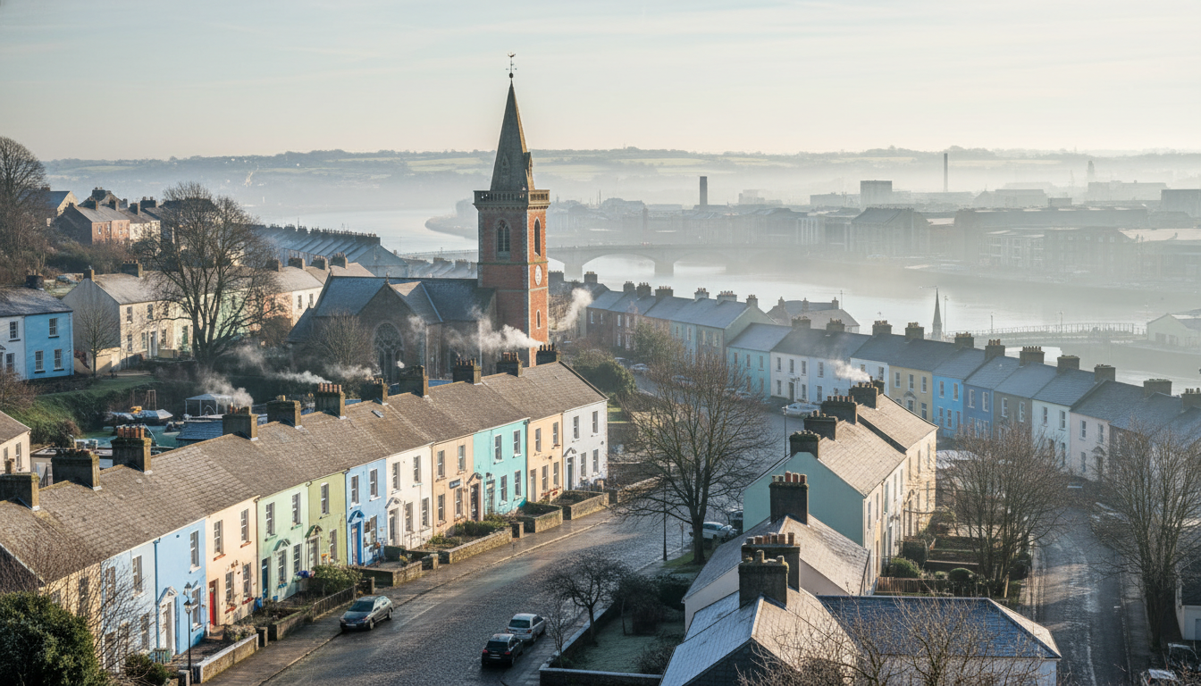 View of Corks Shandon neighborhood from above, showing the distinctive Shandon Bells church tower, c