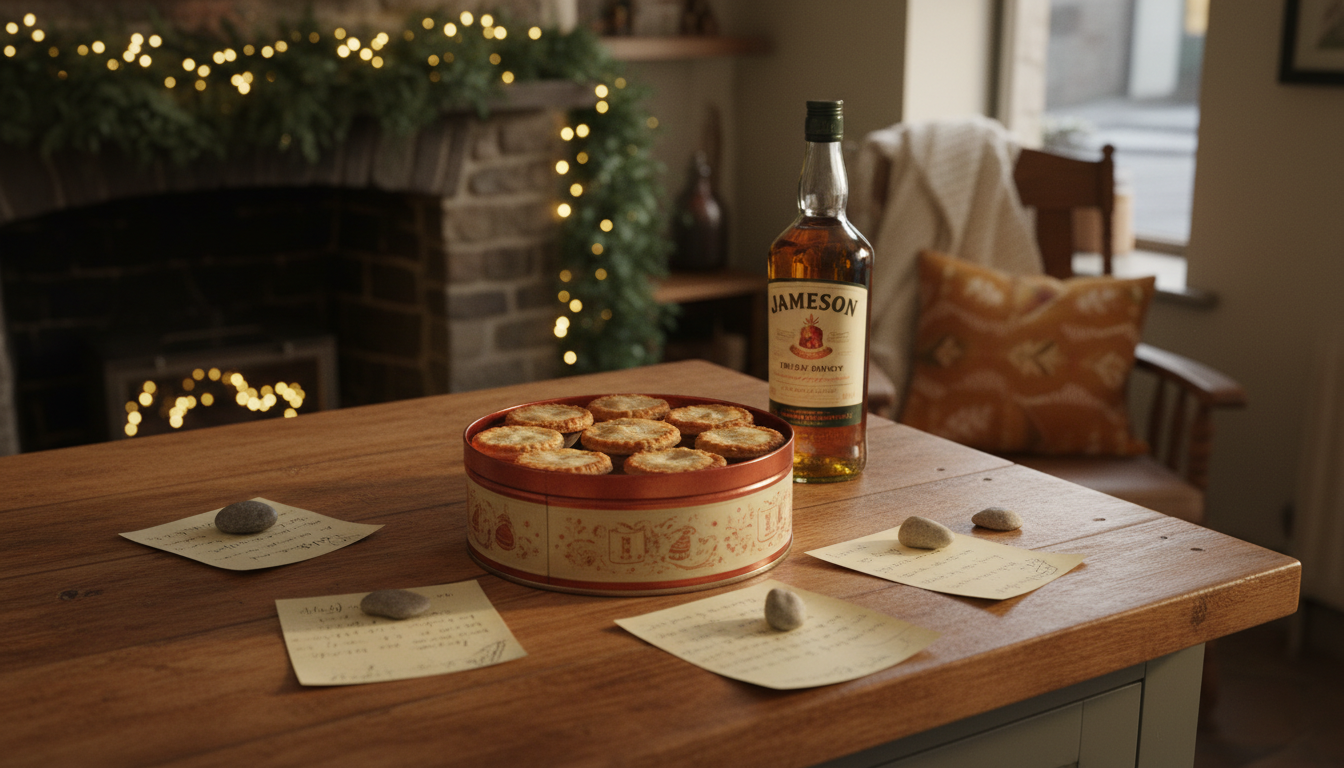 Kitchen counter in an Irish home with a tin of mince pies, a bottle of Irish whiskey, handwritten no