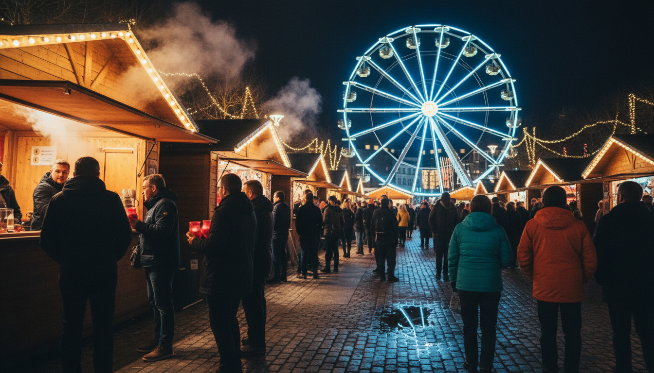 GLOW Cork Christmas market at night, showing illuminated wooden stalls, a ferris wheel in the backgr