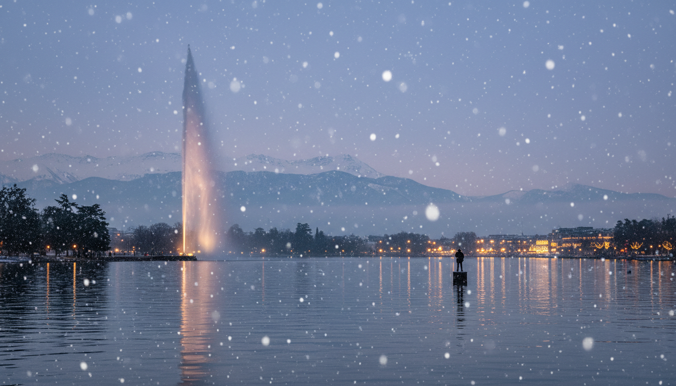 Genevas Jet dEau fountain at twilight with snow falling, Christmas lights reflecting on Lake Geneva,