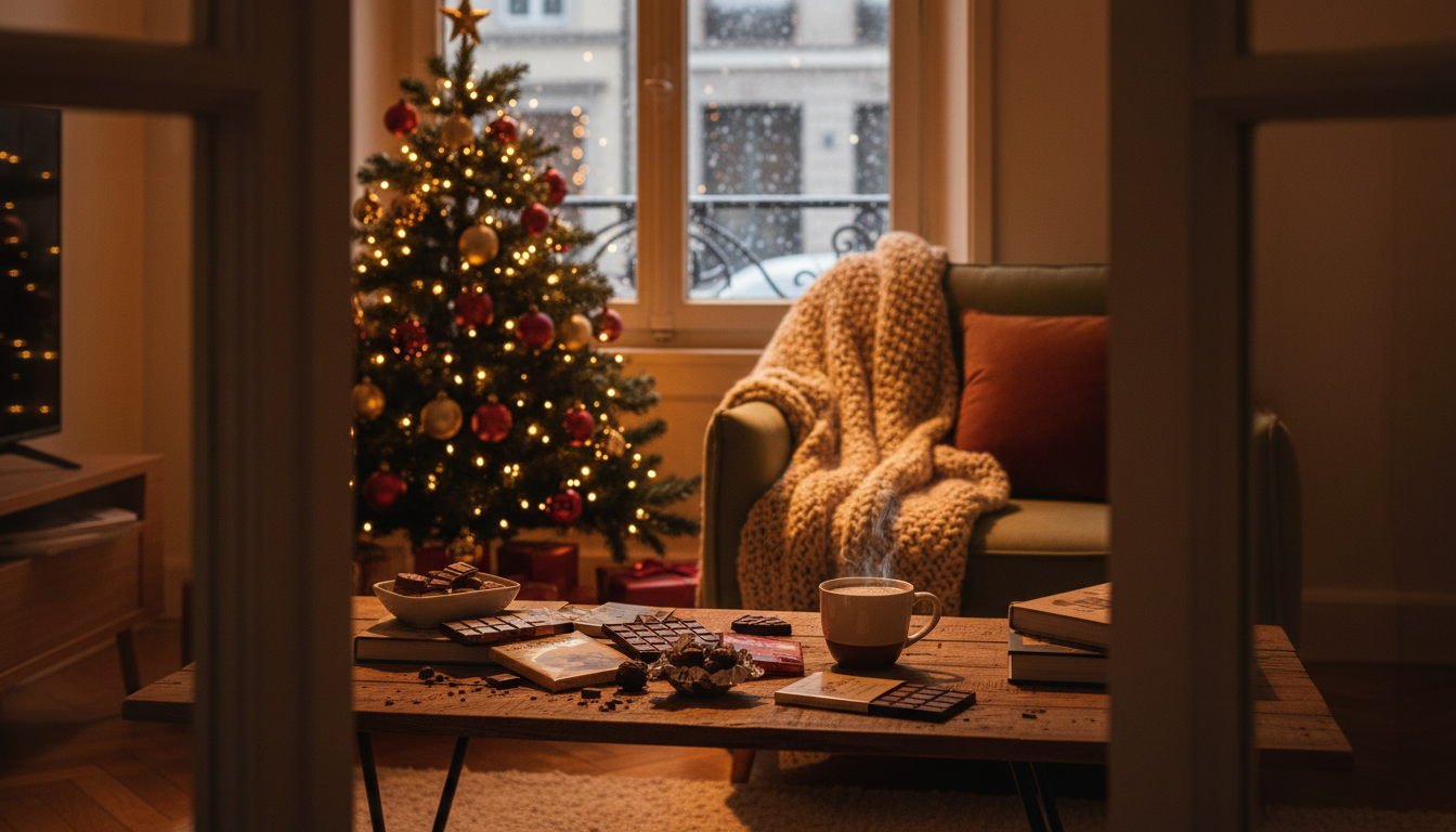 Interior of a cozy Geneva apartment decorated for Christmas, with a small tree, warm lighting, Swiss