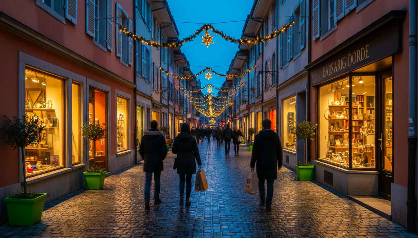 Carouges cobblestone streets decorated with Christmas lights, small artisan shops with warm glowing