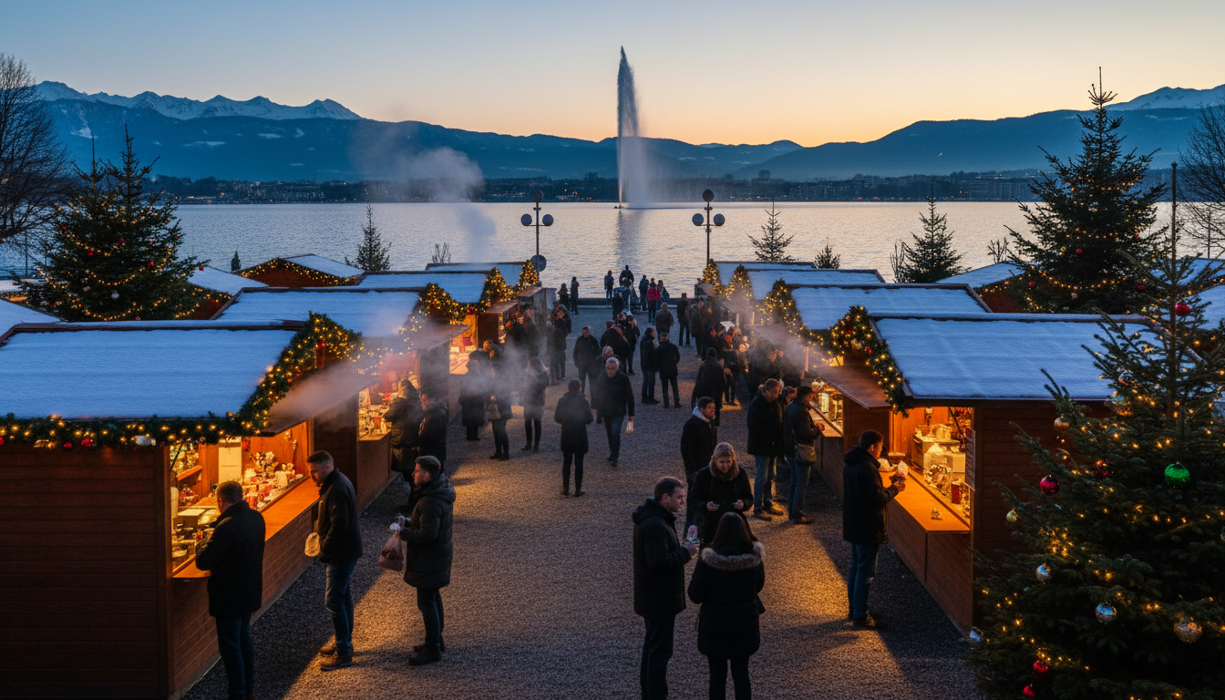 Genevas Christmas market at Jardin Anglais, wooden chalets lit with warm lights, steam rising from f