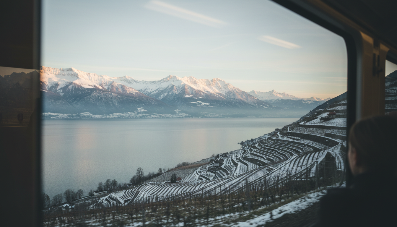 View from a train window showing Lake Geneva in winter, snow-capped Alps in the distance, vineyards