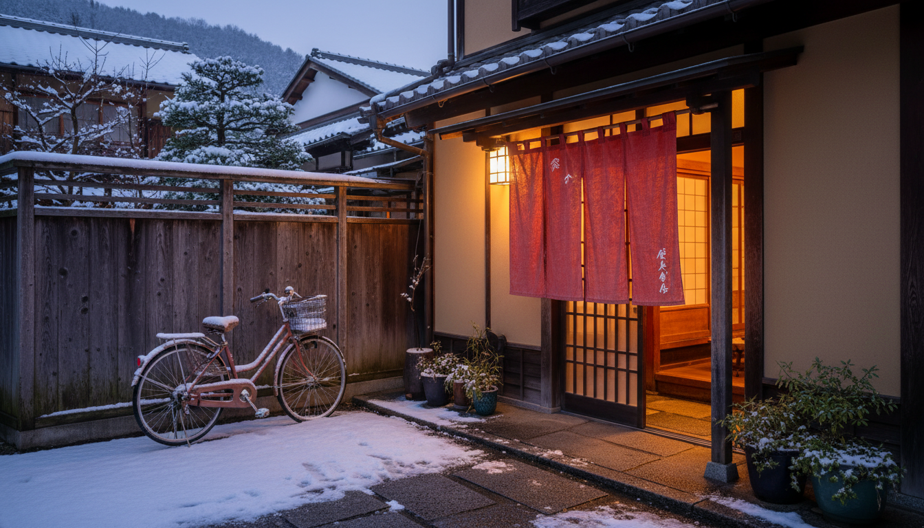 Snow-dusted traditional Kyoto machiya townhouse at dusk, warm light glowing from shoji screens, a si