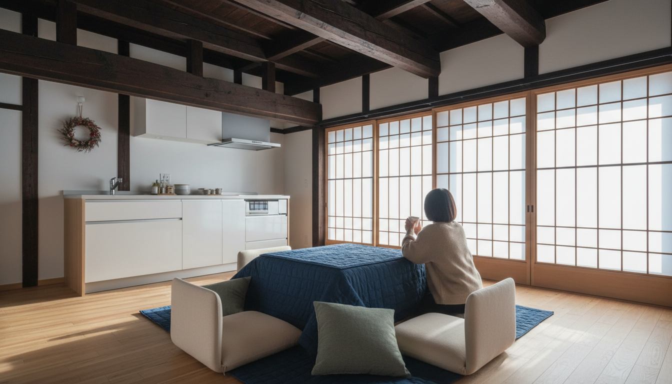 Interior of renovated machiya with exposed wooden beams, modern kitchen insert, kotatsu table in the