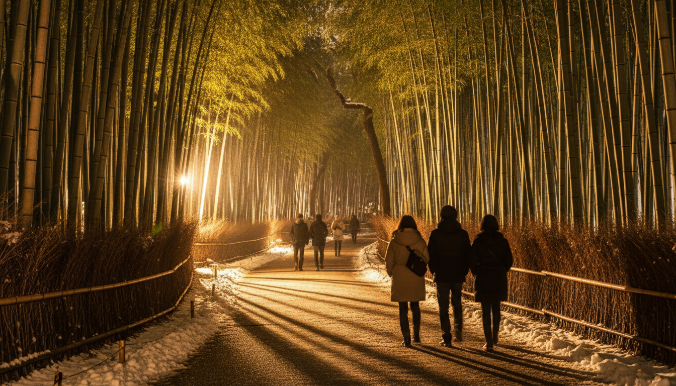 Kyotos Hanatoro illumination festival in Arashiyama, bamboo grove lit with soft warm lights, a few v