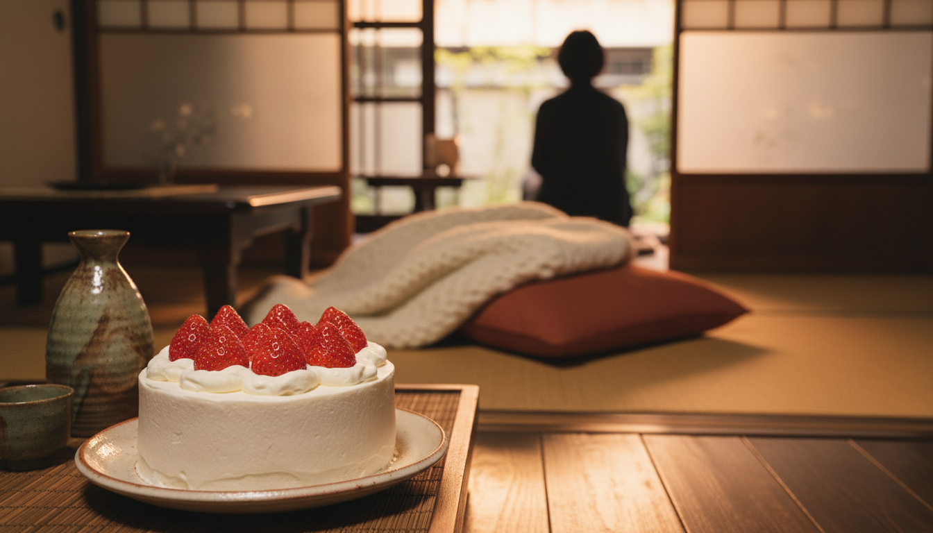 Japanese Christmas cake white sponge with strawberries on a ceramic plate, sake bottle and cup besid