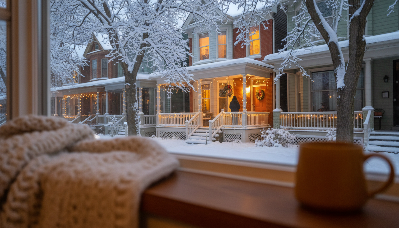 Snow-covered Victorian houses in Torontos Annex neighborhood at dusk, warm light glowing from window