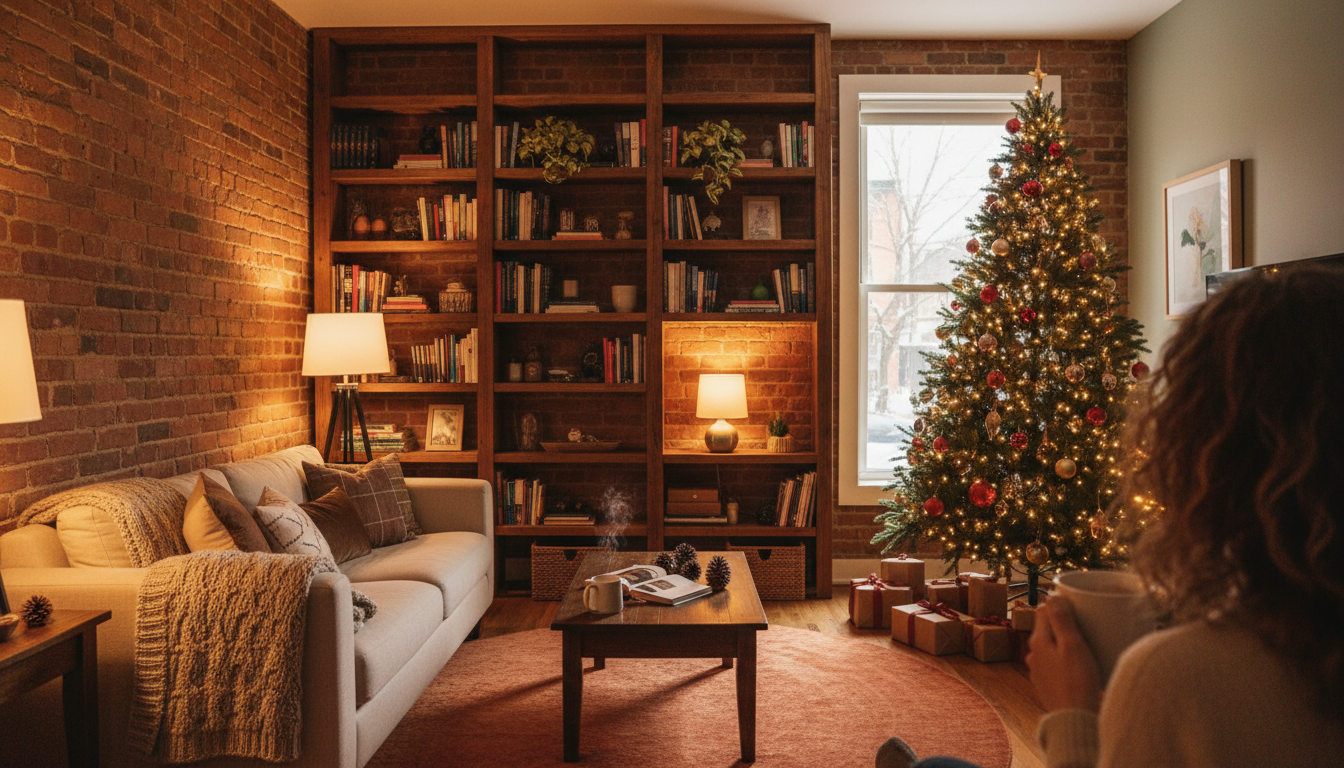 Interior of a cozy Annex apartment with exposed brick, floor-to-ceiling bookshelves, a decorated Chr