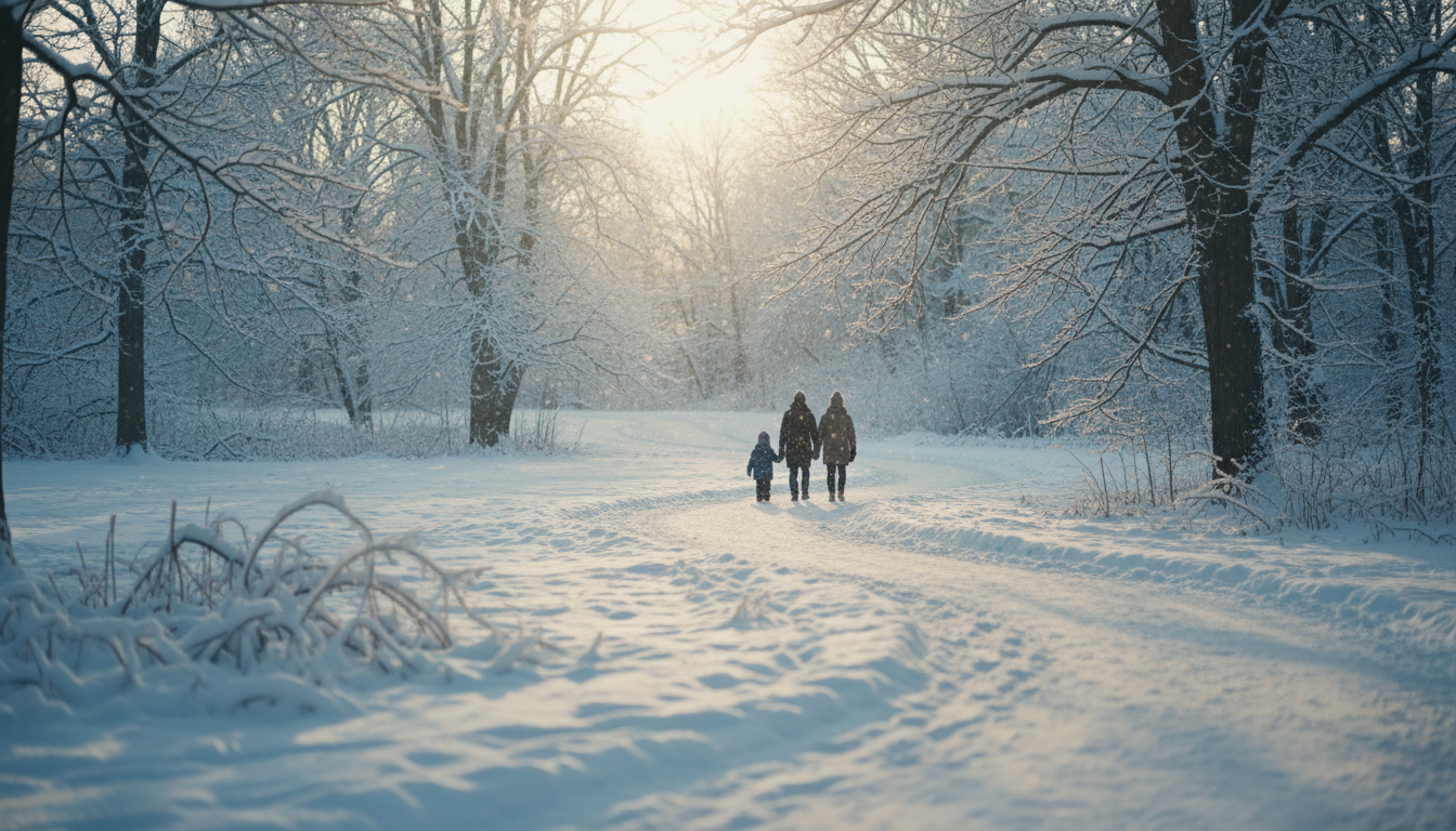 High Park in winter with snow-covered trails, bare trees, and a family walking in the distance, soft