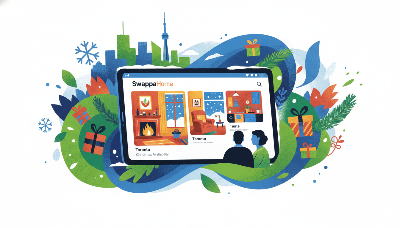 SwappaHome app interface showing Toronto listings with Christmas availability, cozy interior photos