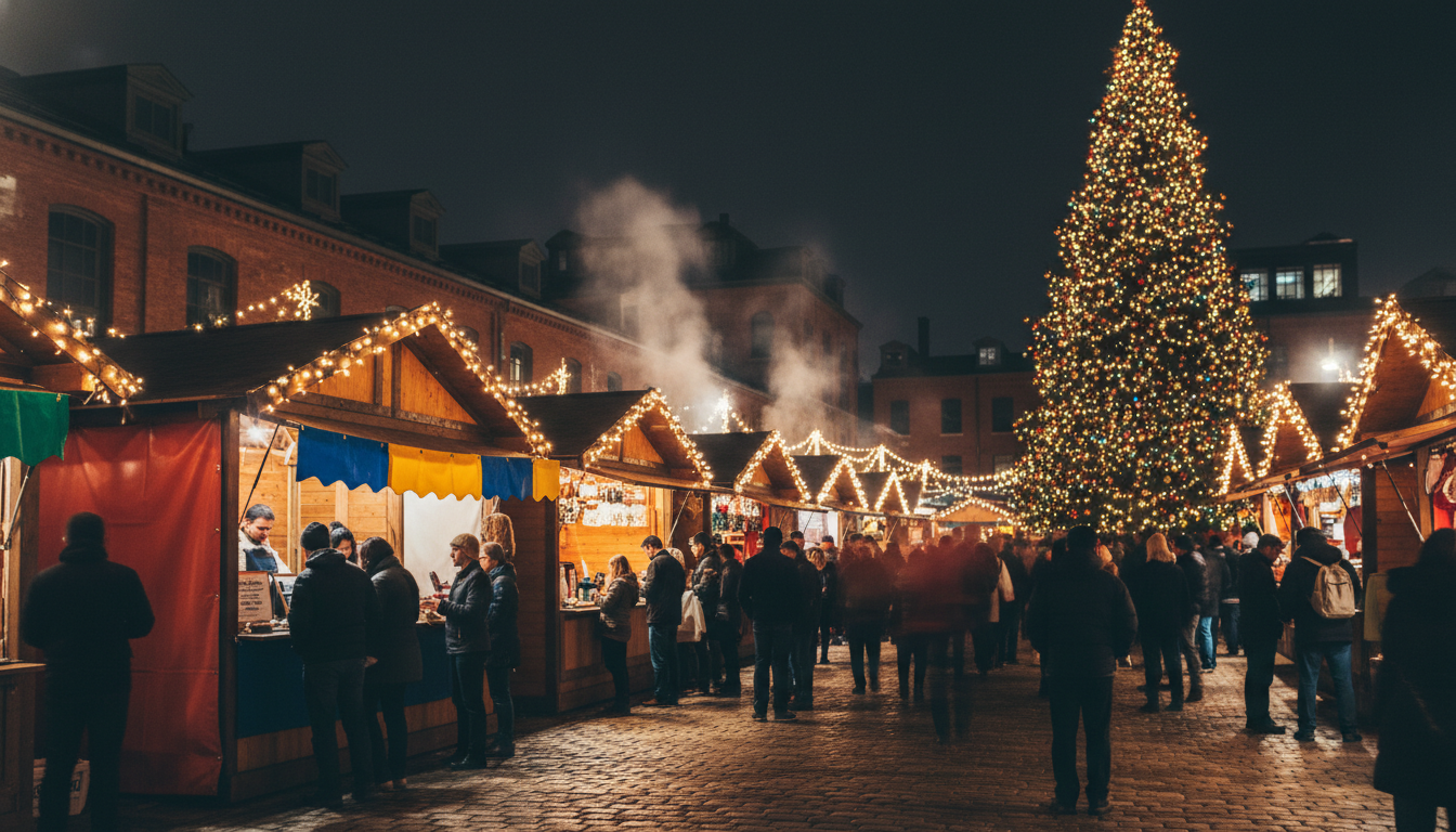Toronto Christmas Market at the Distillery District at night, wooden stalls with twinkling lights, c