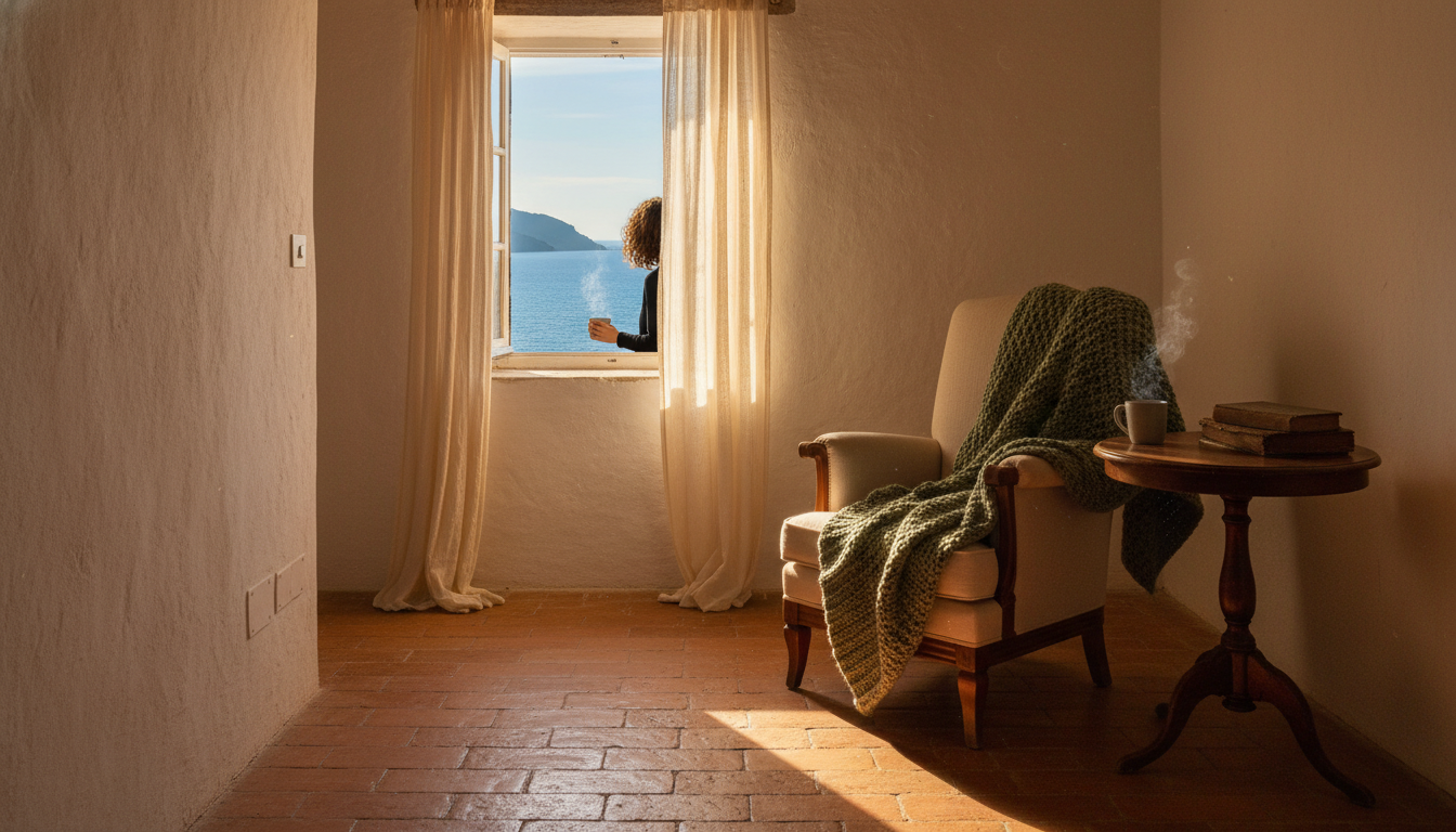 Interior of a traditional Ligurian apartment with terracotta tiles, white walls, vintage wooden furn