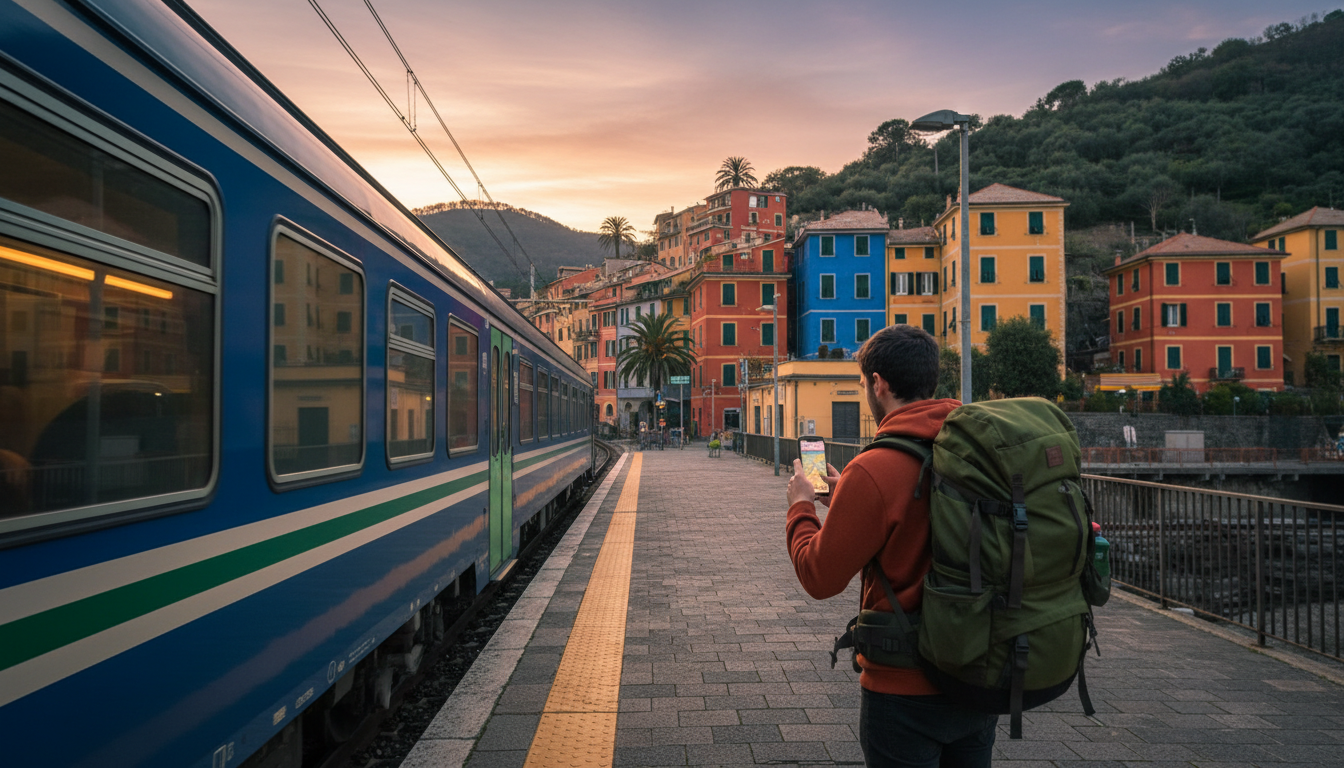 The Levanto train station platform with a regional train arriving, colorful Italian buildings in the