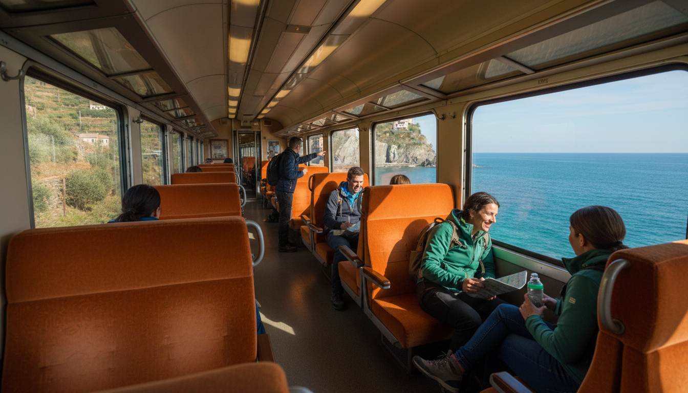 A regional Italian train winding along the coastal cliffs between Cinque Terre villages, turquoise s