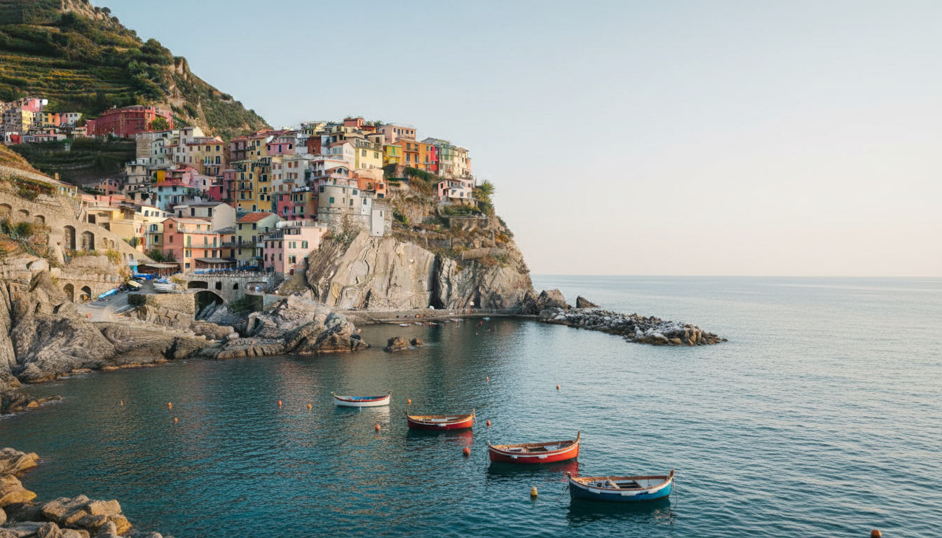 Panoramic view of Manarola at golden hour, pastel buildings cascading down terraced cliffs to the tu