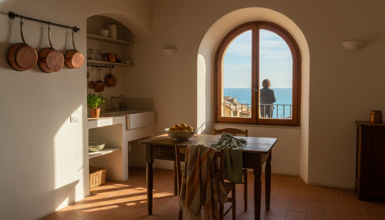 Interior of a cozy Italian apartment with terracotta floors, a small kitchen with copper pots, a woo