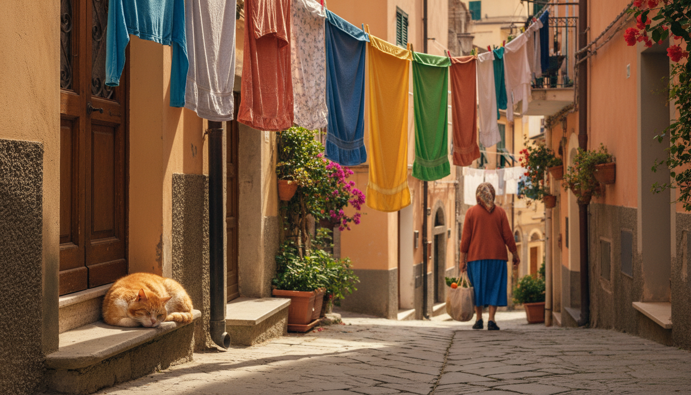 Narrow cobblestone alley in Corniglia with laundry hanging between buildings, a cat sleeping on a do