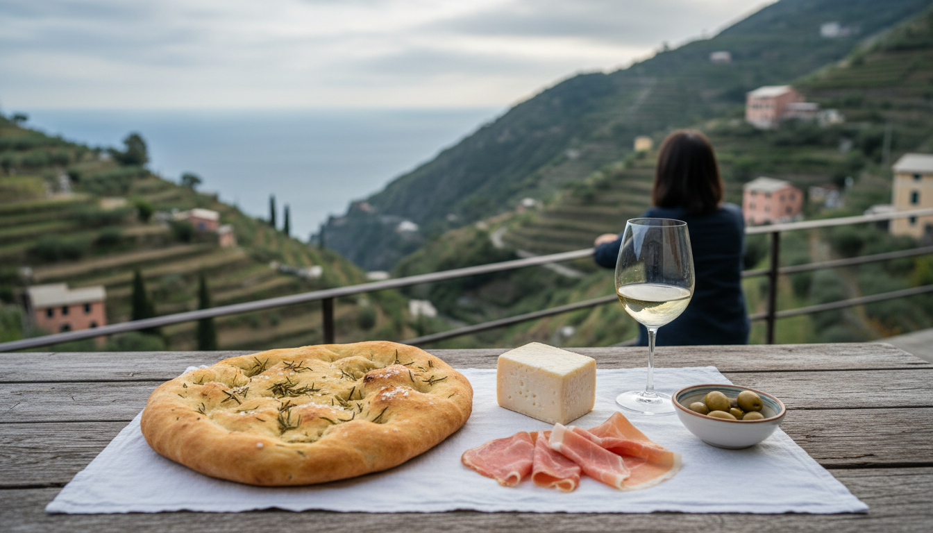 Simple lunch spread on a terrace table fresh focaccia, local cheese, prosciutto, a glass of white wi