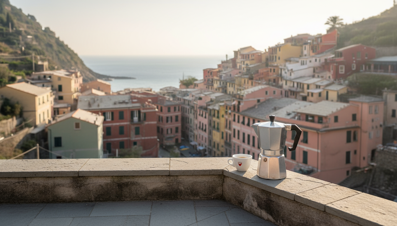 Early morning view from a small terrace, moka pot and espresso cup on the railing, soft golden light