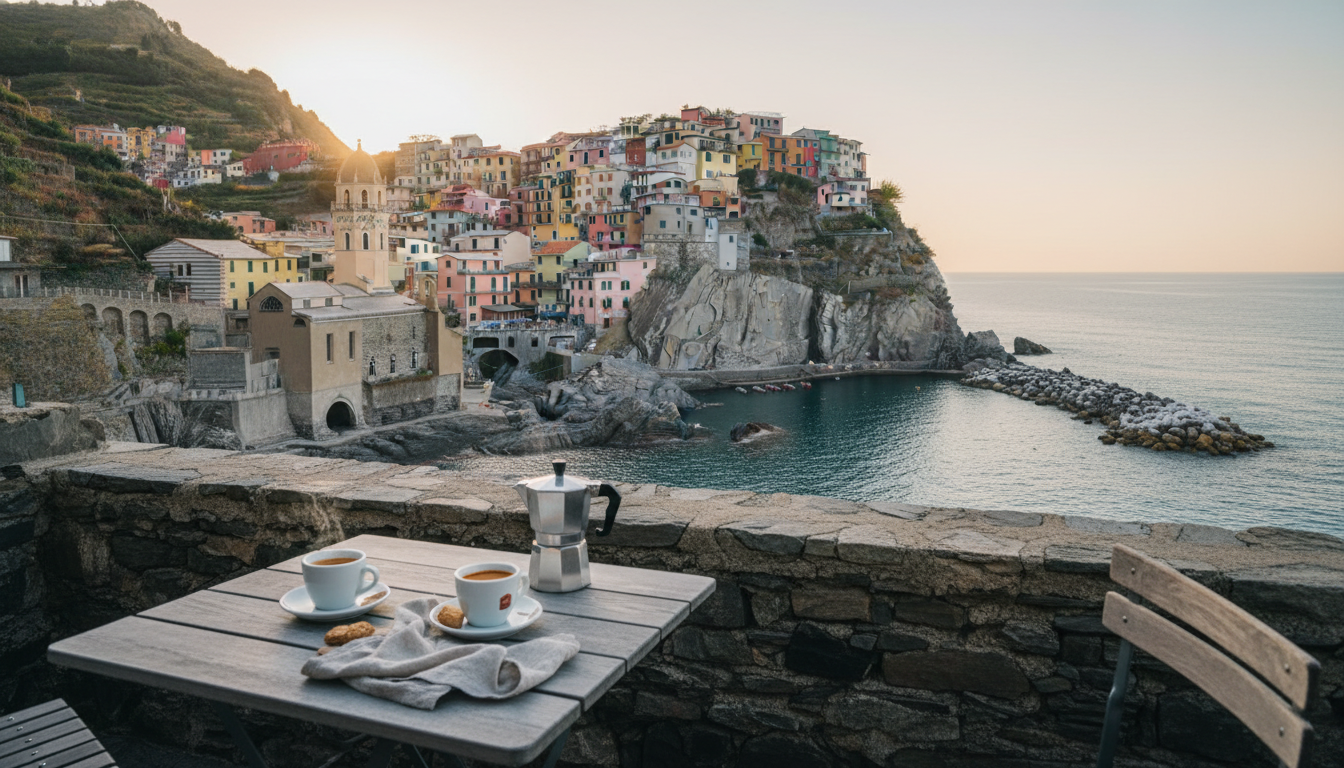Early morning view from a small terrace in Manarola, espresso cups on a weathered wooden table, past