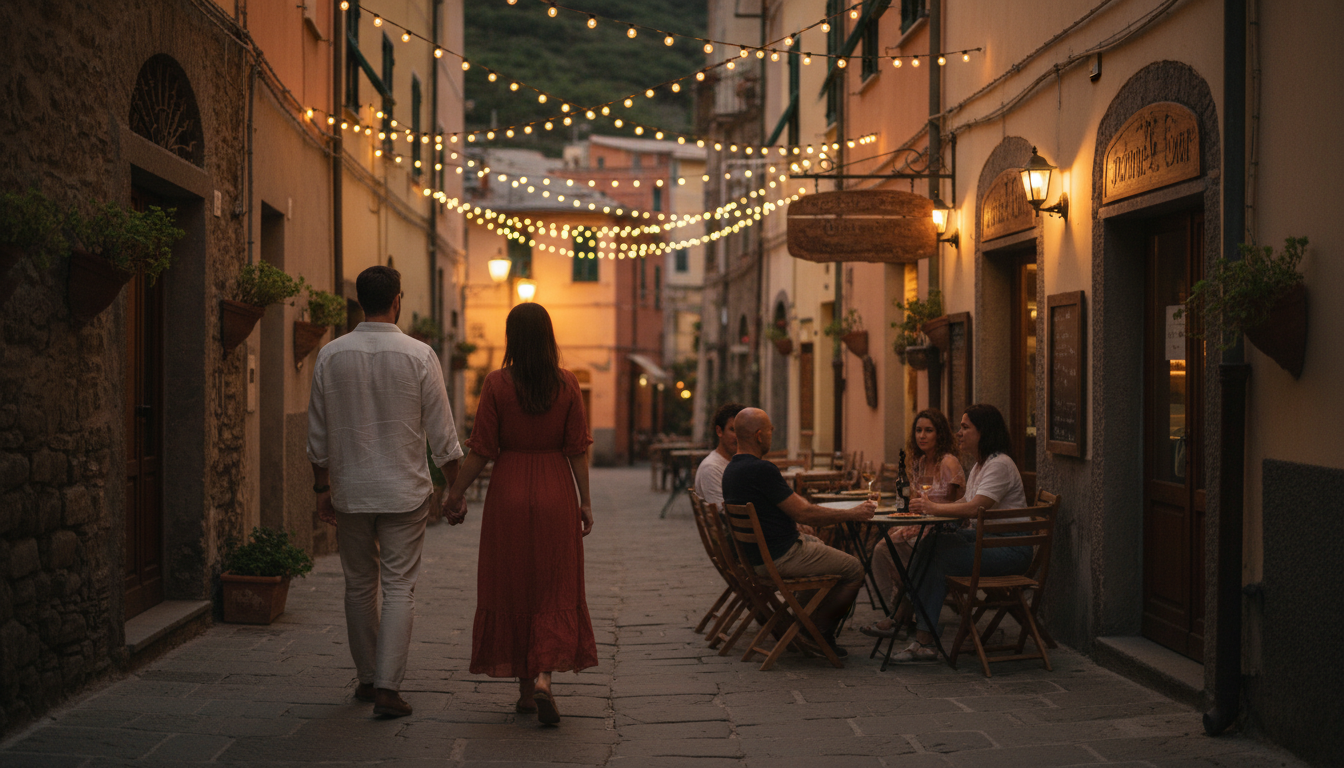 Couple walking hand-in-hand through Manarolas narrow main street at dusk, string lights overhead, lo