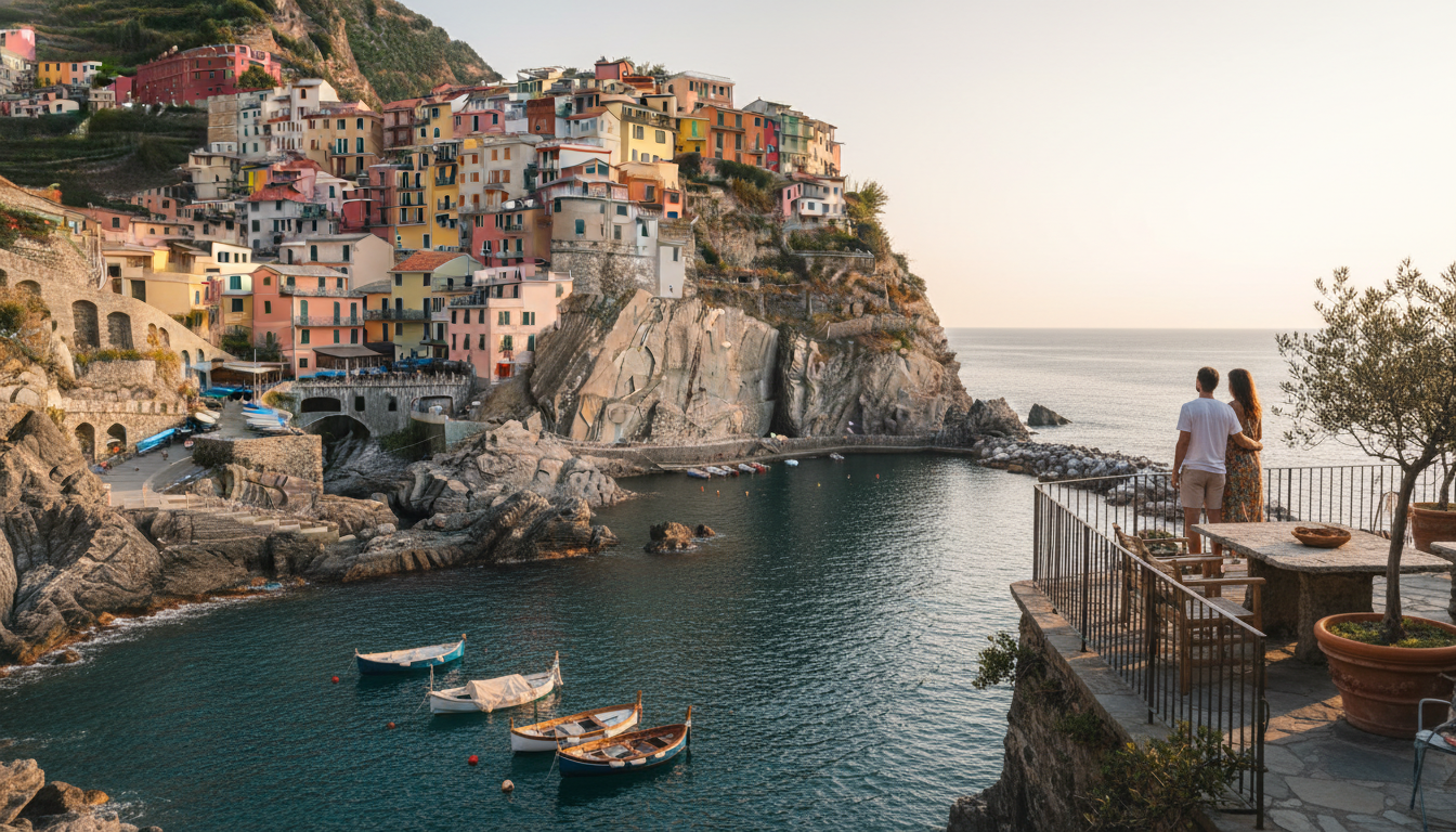 Riomaggiore at sunset, buildings in pinkorangeyellow stacked up the hillside, small boats in the har