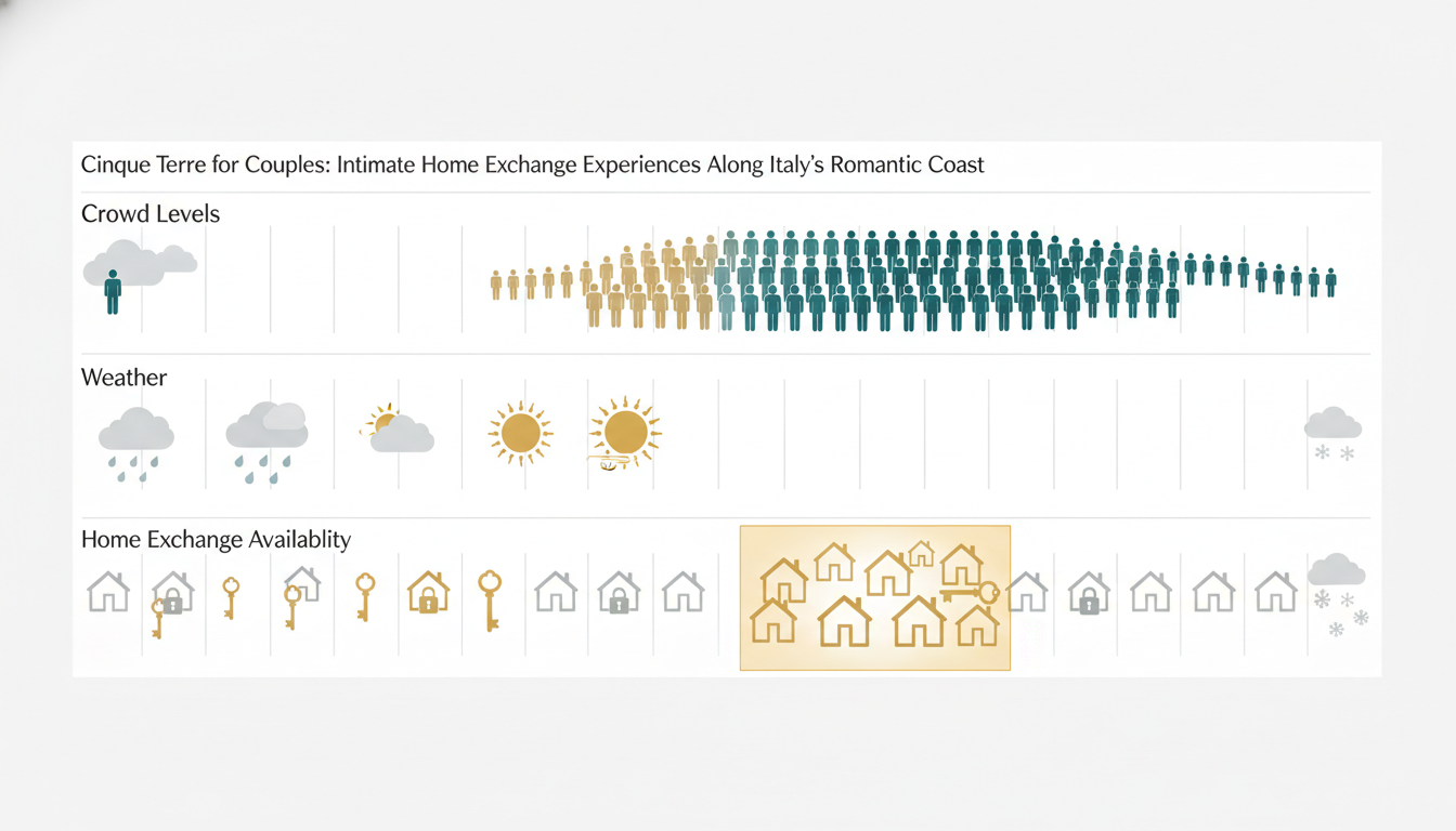 Infographic showing best times to visit Cinque Terre for couples crowd levels, weather, and home exc