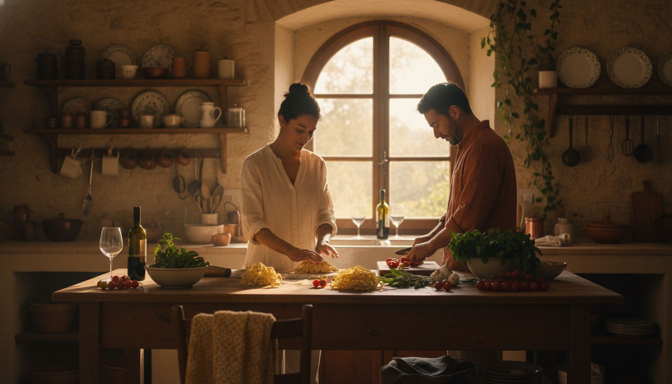 Couple cooking together in a small Italian kitchen, pasta and fresh vegetables on the counter, eveni