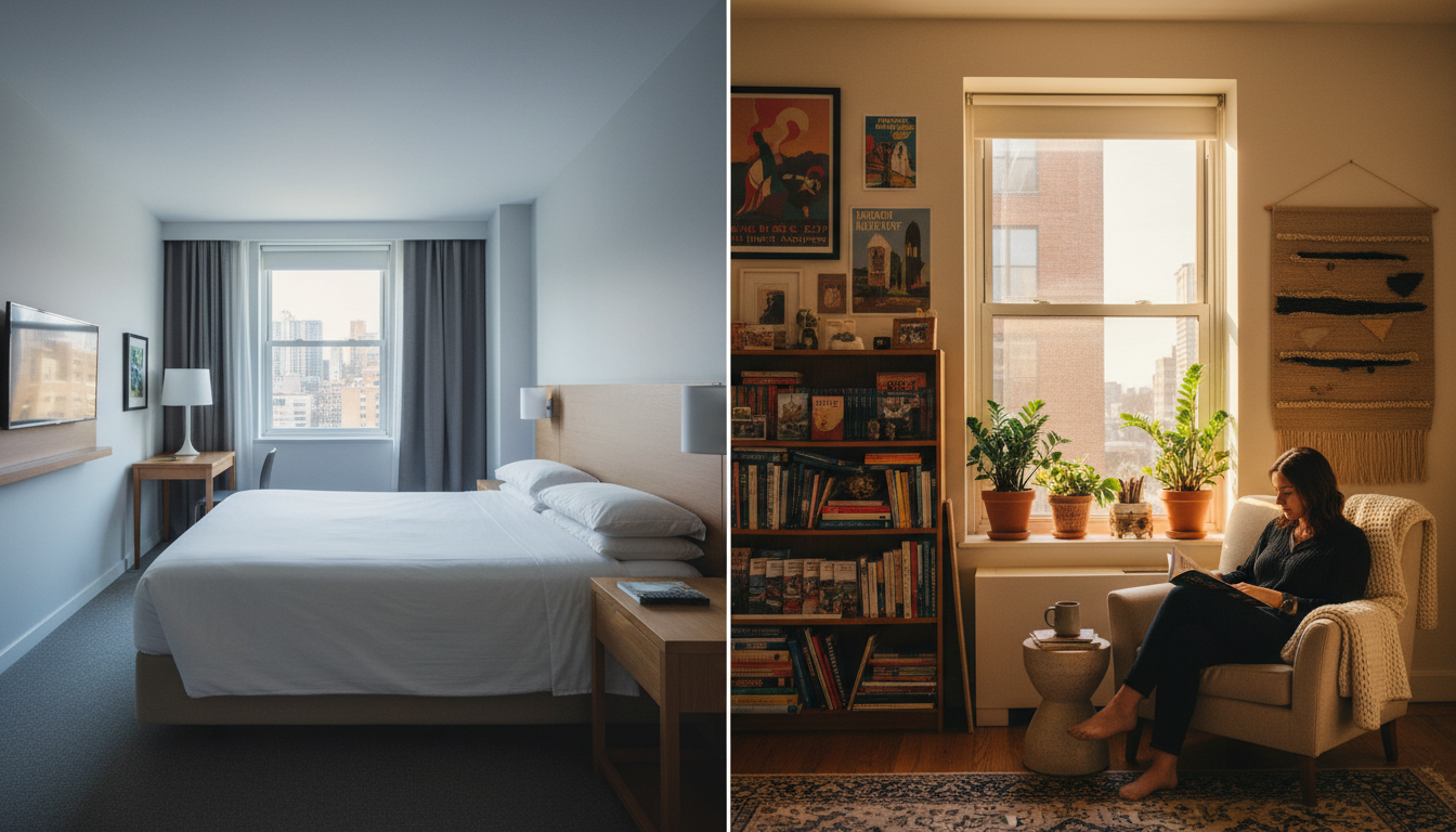 split-screen comparison showing a sterile hotel room on one side and a lived-in apartment with perso