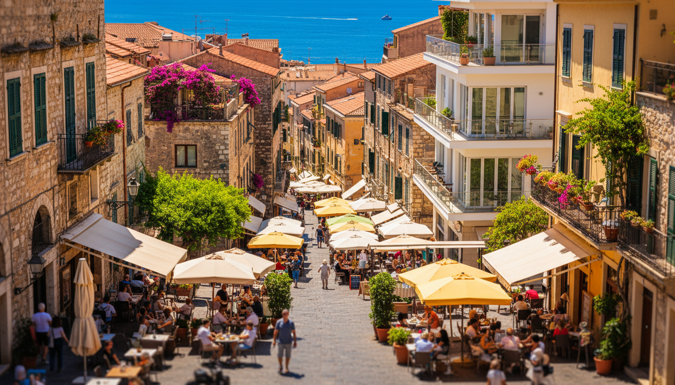 aerial view of a vibrant city neighborhood with narrow streets, outdoor cafs, and a mix of historic