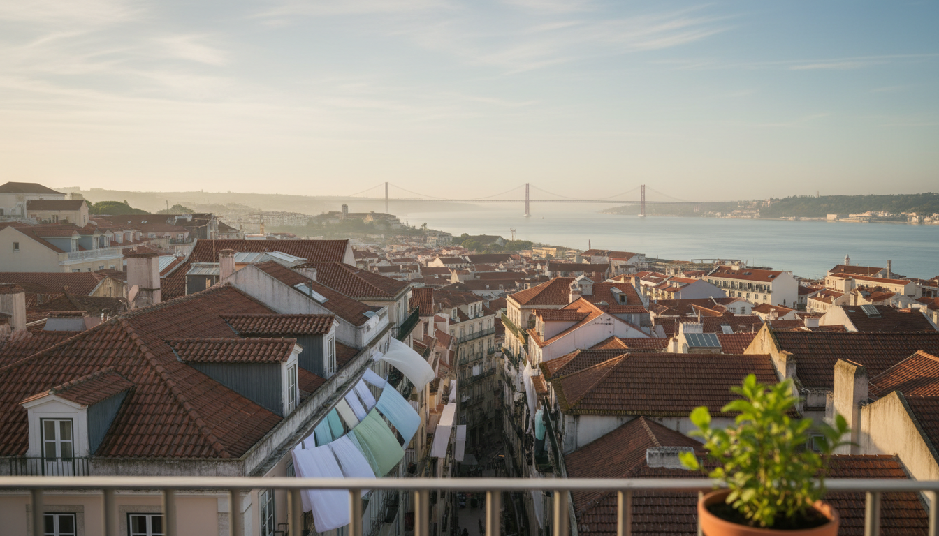 view from an apartment balcony in Lisbon showing terracotta rooftops cascading down toward the Tagus
