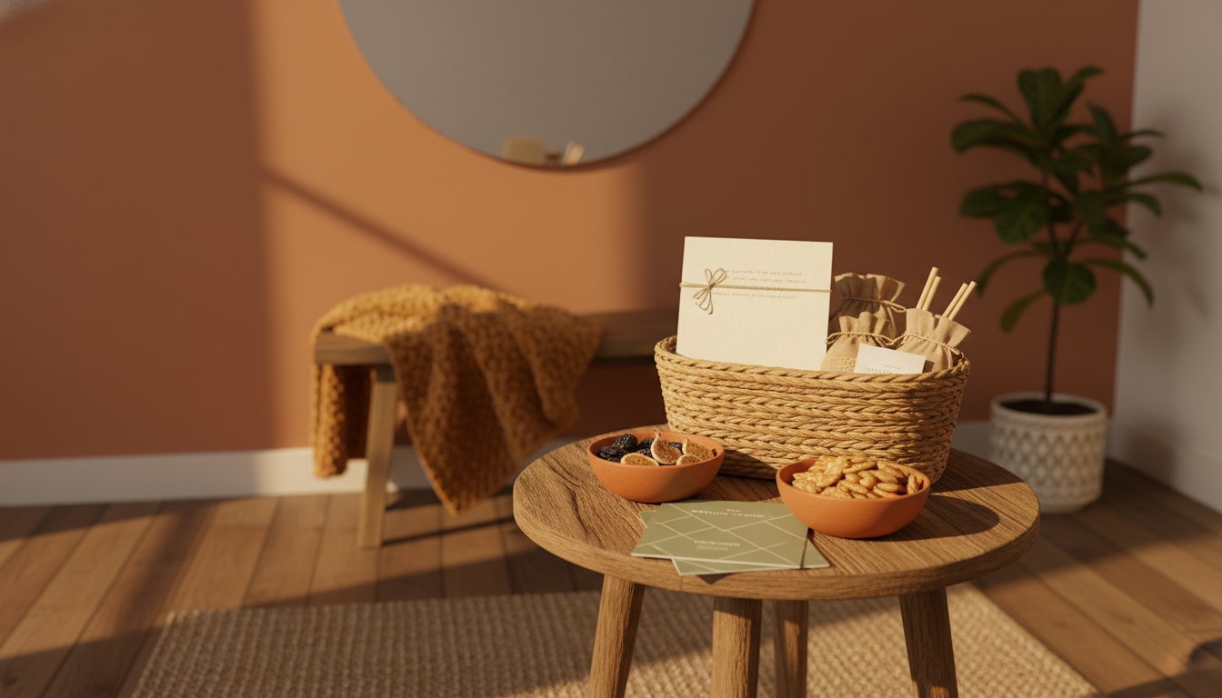 cozy apartment entryway with a small table holding a welcome basket, handwritten note, local snacks,