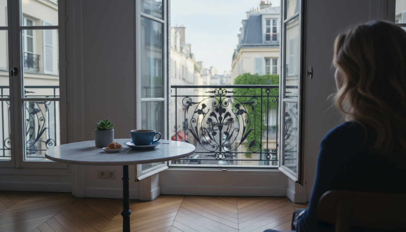 Morning light streaming through tall windows of a Parisian apartment, coffee cup on a marble bistro