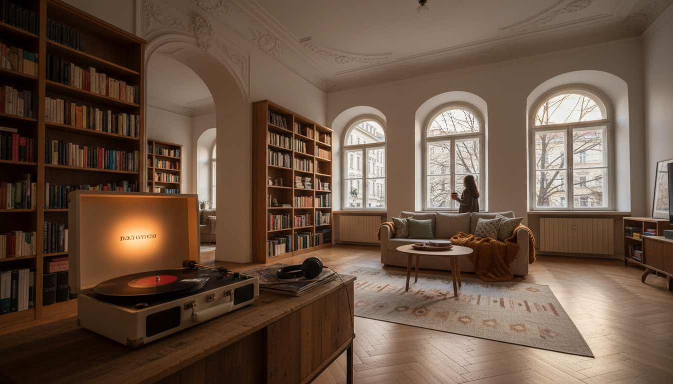 Cozy living room in a Vienna apartment with high ceilings, built-in bookshelves, a record player, an