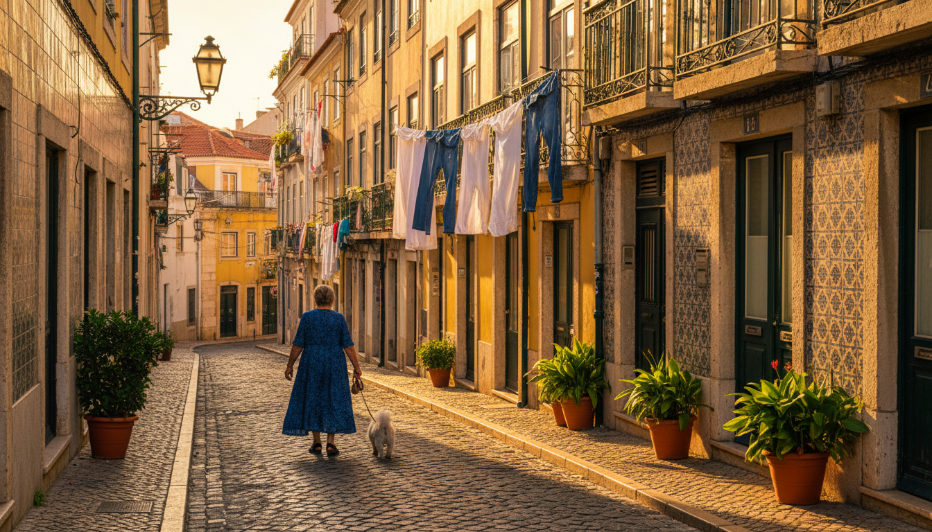 Narrow cobblestone street in Lisbons Alfama district at golden hour, traditional tiled buildings, la