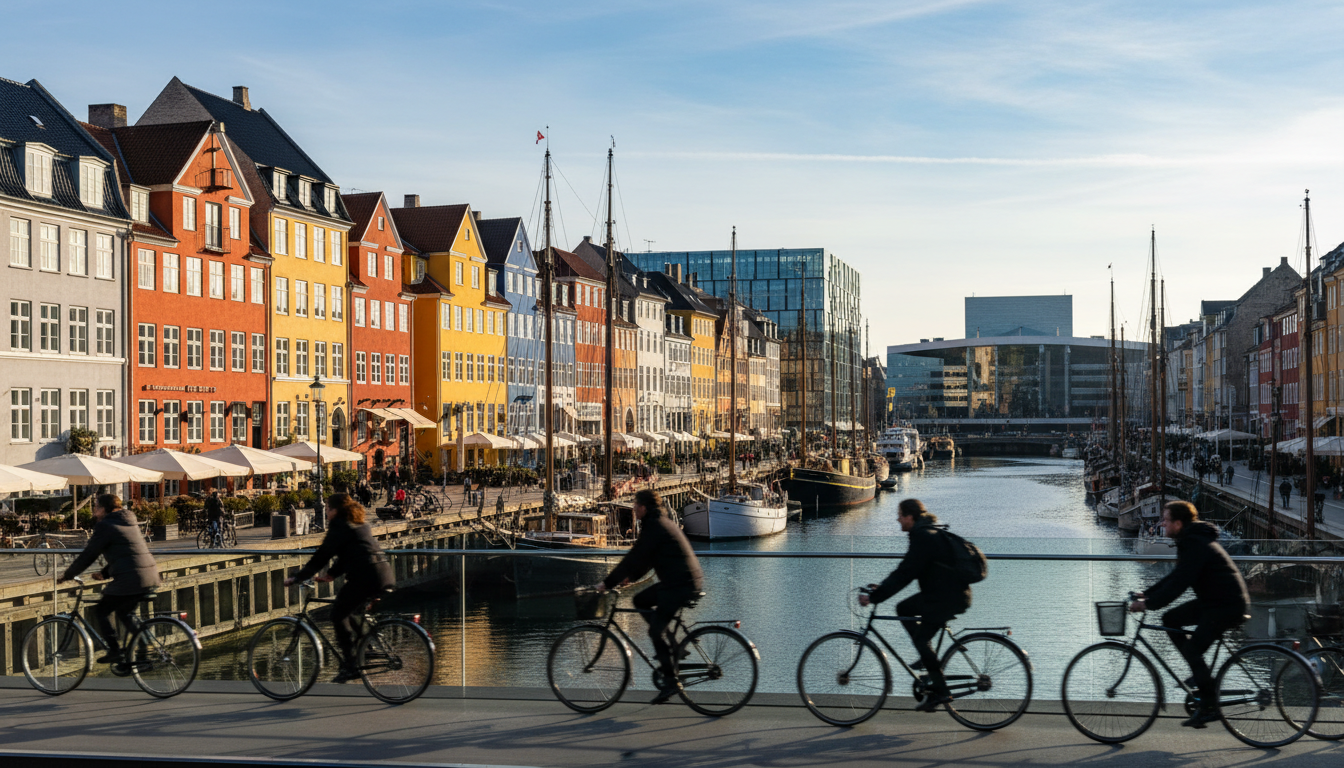 Modern Copenhagen waterfront at Nyhavn with colorful historic buildings, cyclists crossing a bridge,