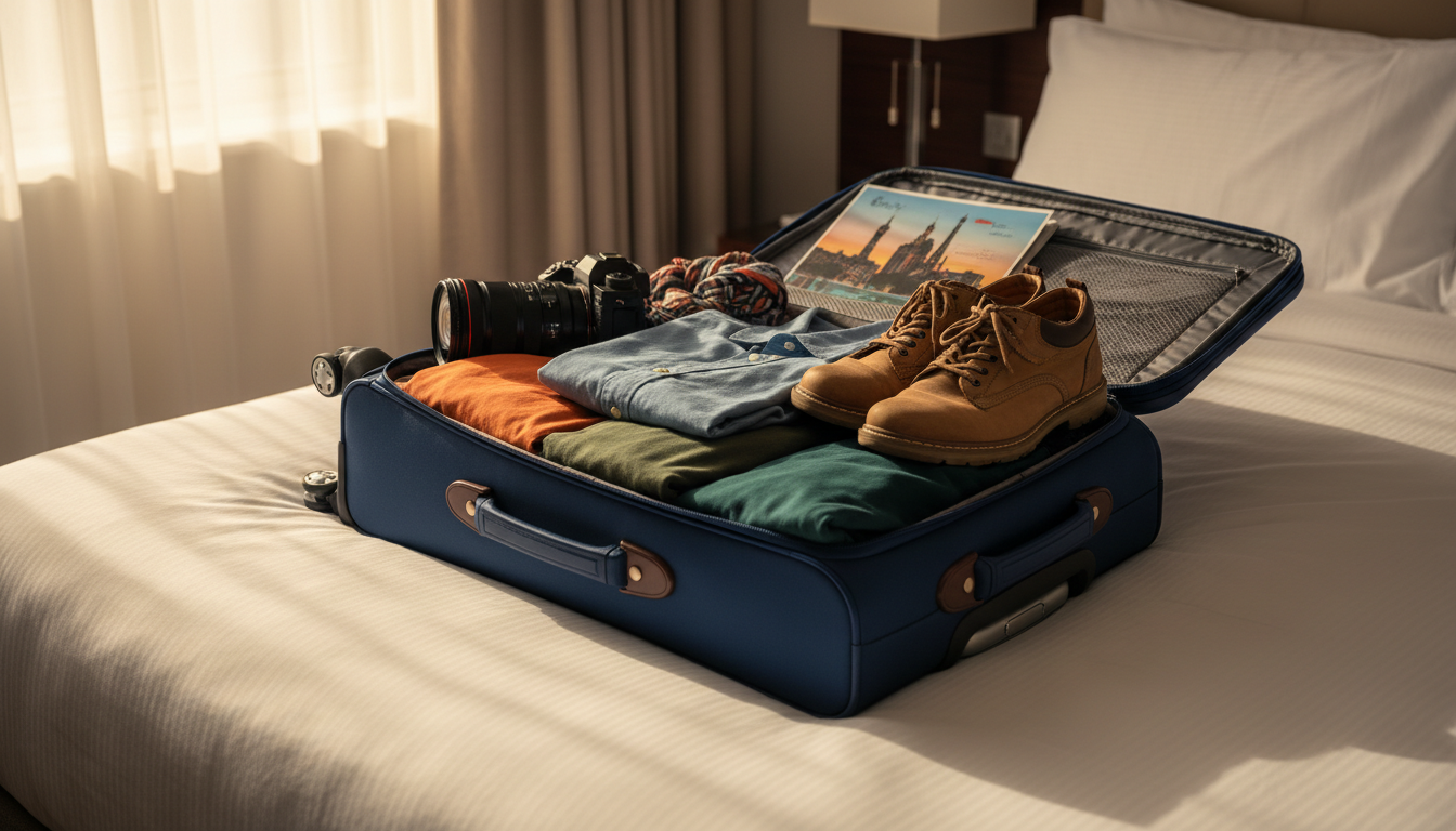 Small carry-on bag open on a bed with neatly rolled clothes, a guidebook, walking shoes, and a camer