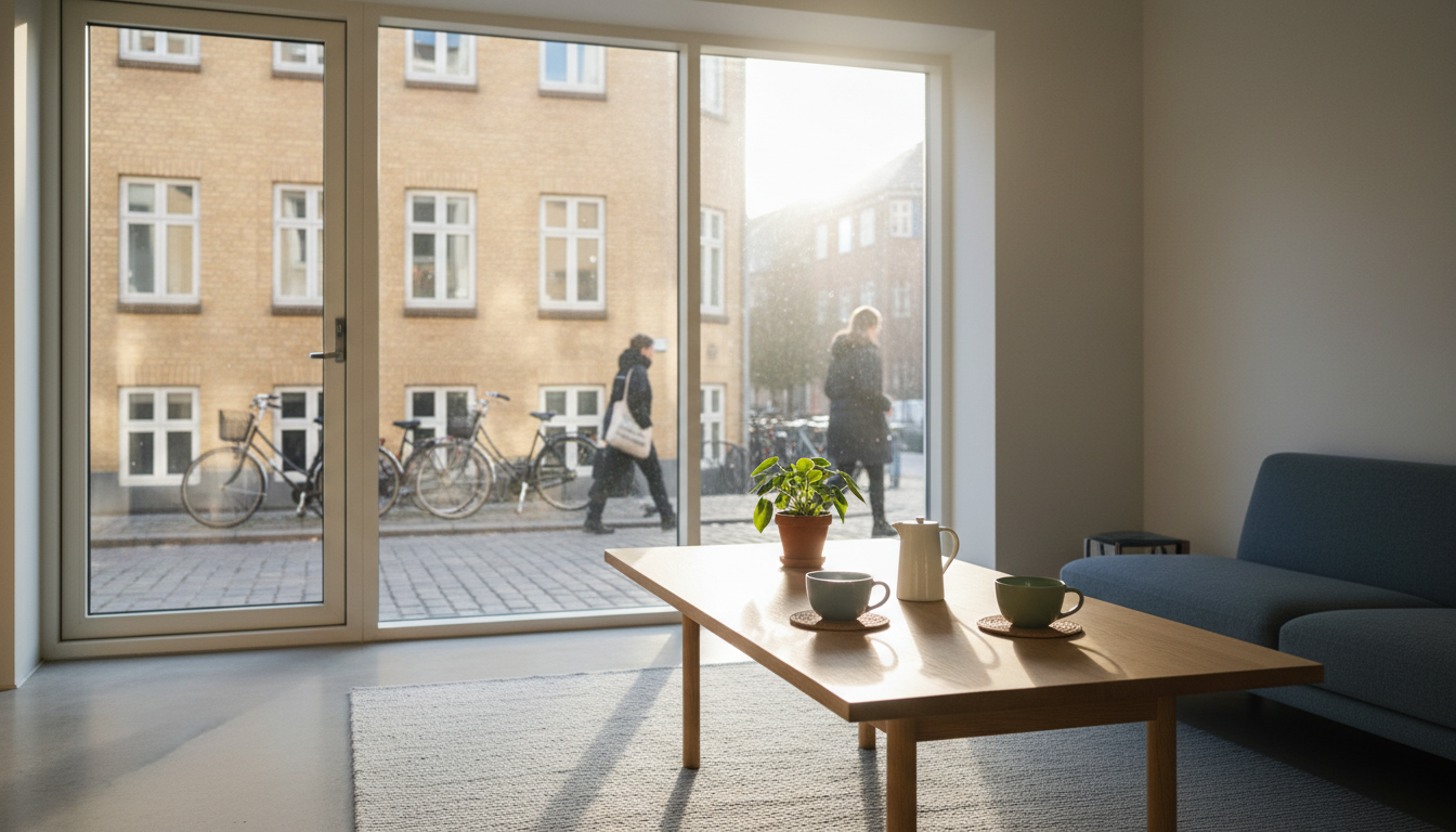 Morning light streaming through floor-to-ceiling windows in a minimalist Danish apartment, two coffe