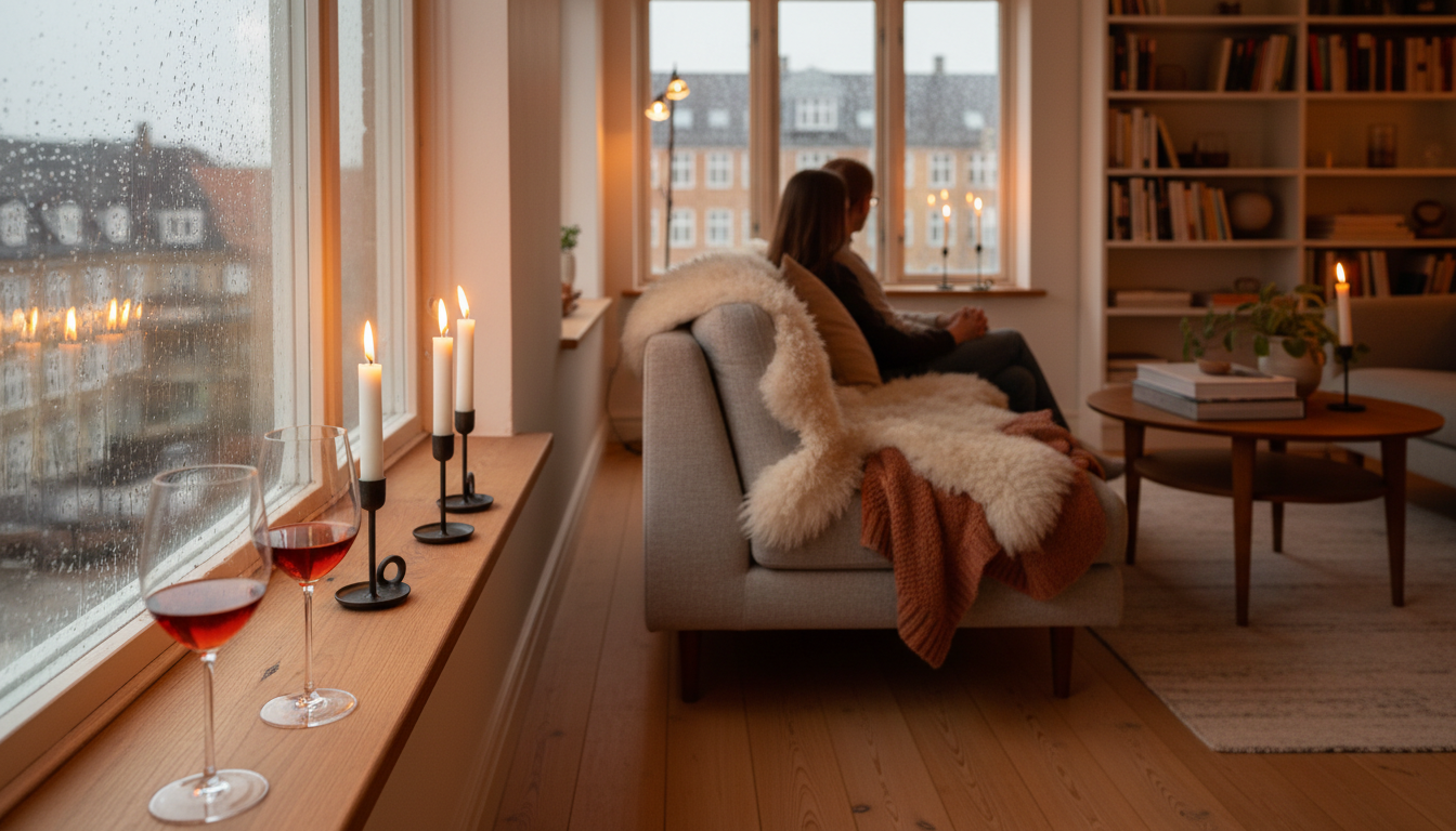 Cozy Danish living room with lit candles on a windowsill, two wine glasses, sheepskin throws on a mi