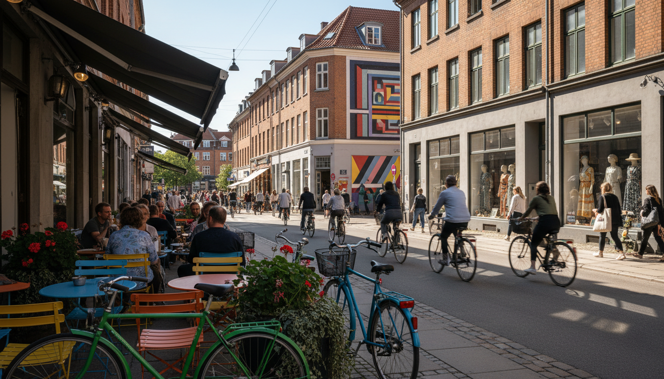 Colorful street scene in Nrrebro with cyclists, outdoor caf seating, vintage shops, and a diverse cr